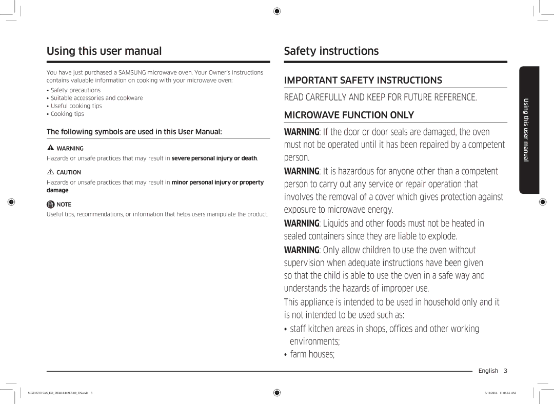 Samsung MG23K3515AS/EG, MG23K3515AS/ET, MG23K3515AS/EO manual Safety instructions, English  